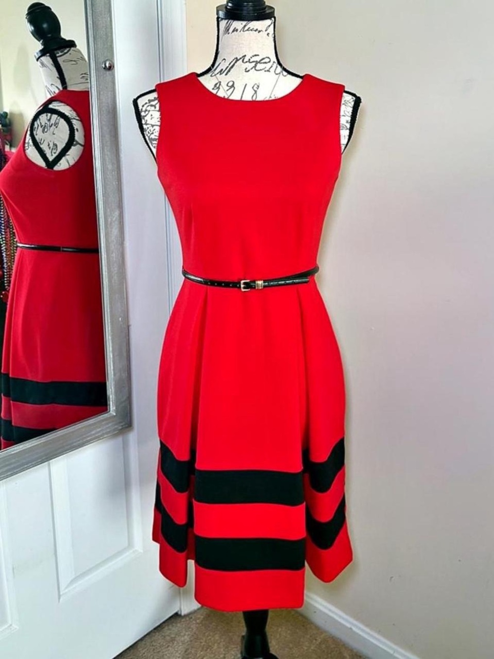 Calvin Klein Red Sleeveless Midi Dress with Black Belt